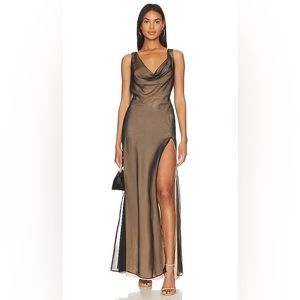 NEW Revolve NBD Calla Cowl Neck Gown Black & Nude Chiffon Maxi Dress Size Small